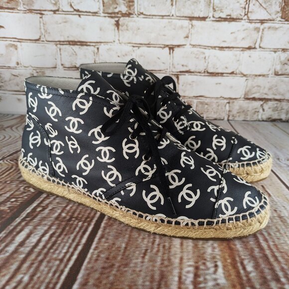 Chanel Lace-Up Espadrilles, Black and White, Size 8.5 Women - Picture 1 of 6